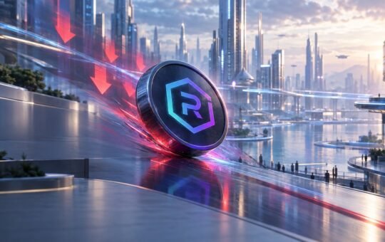 A dark coin with a glowing hexagon R emblem rolls down a glass ramp past red light trails, with a waterfront city of glass towers behind it.