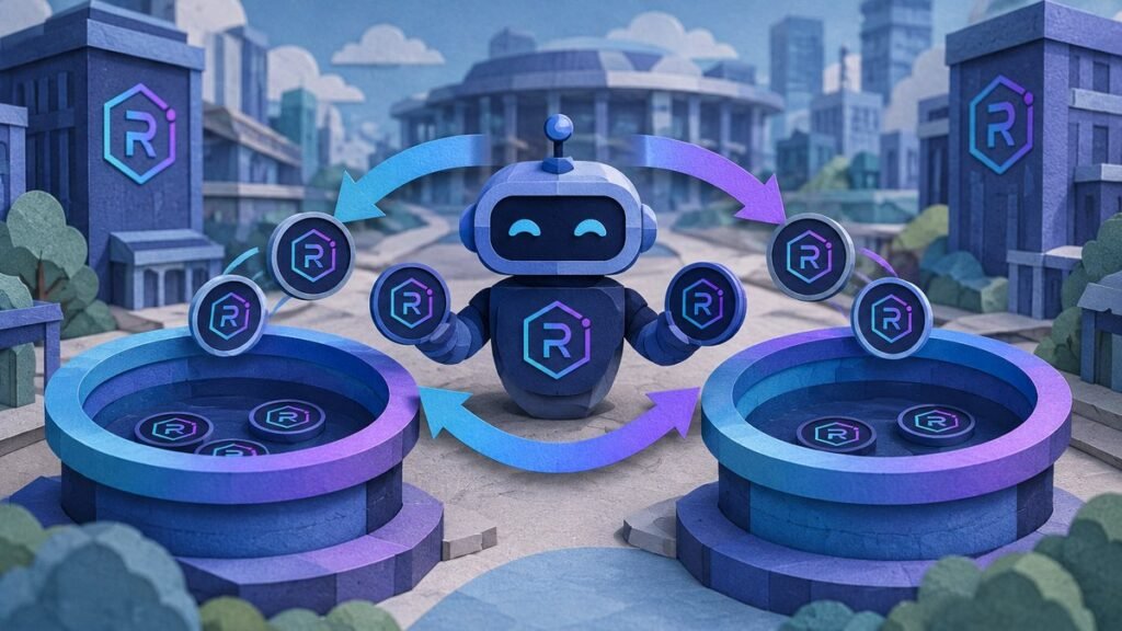 Paper-cut robot passing Raydium-logo coins back and forth between two nearly empty round pools in a paper city square.
