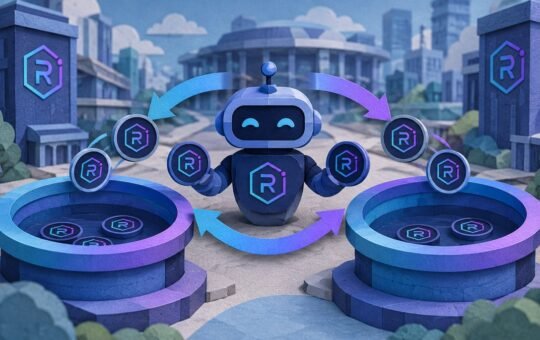 Paper-cut robot passing Raydium-logo coins back and forth between two nearly empty round pools in a paper city square.