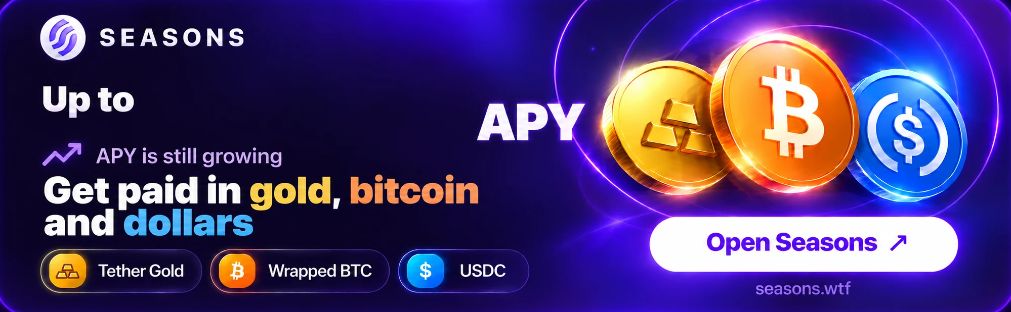 Seasons: up to 30.82% APY, and the APY is still growing. Get paid in gold, bitcoin and dollars: Tether Gold, Wrapped BTC and USDC. Open Seasons at seasons.wtf