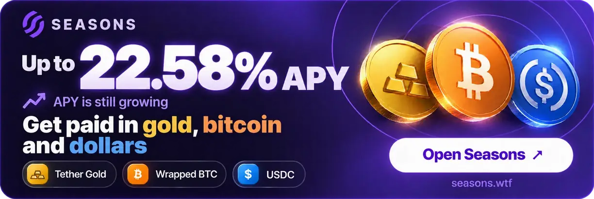 Seasons: up to 22.58% APY. Get paid in gold, bitcoin and dollars: Tether Gold, Wrapped BTC and USDC. Open Seasons at seasons.wtf