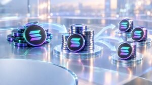 Solana-logo coins on the left feed a central stack of Solana coins on glass, which then streams out along light ribbons to three smaller stacks.