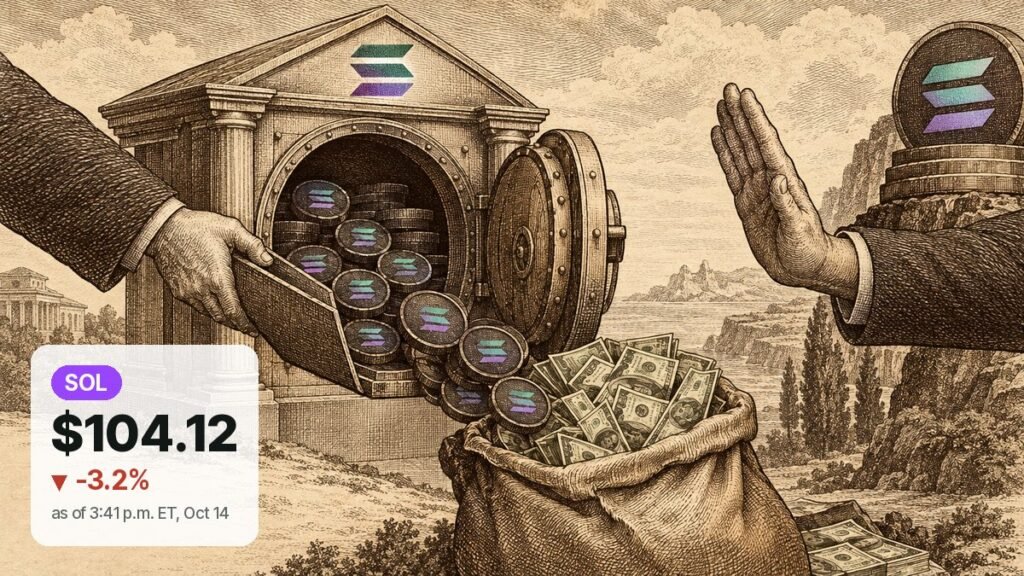 Engraving of a hand tipping Solana coins from an open vault into a sack of cash while another hand is raised in protest.