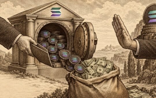 Engraving of a hand tipping Solana coins from an open vault into a sack of cash while another hand is raised in protest.