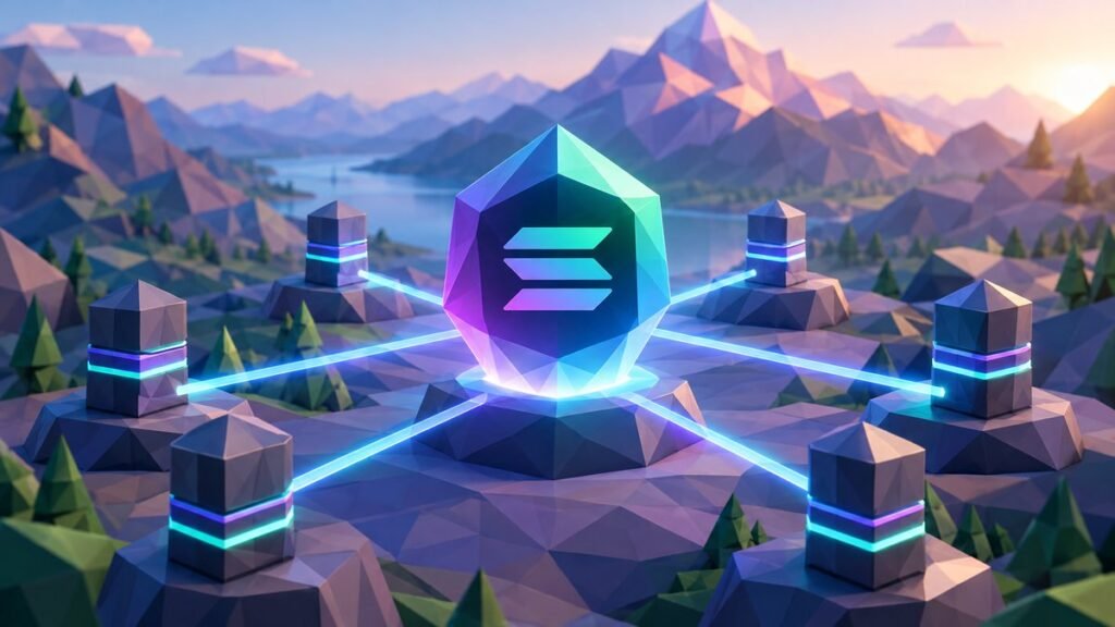 Low-poly illustration of a glowing Solana crystal on a central platform, linked by beams of light to six validator towers in a mountain valley at sunrise.