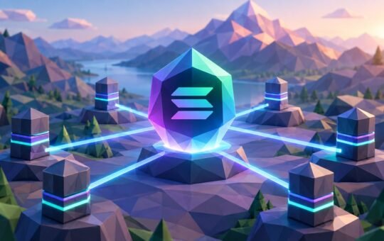 Low-poly illustration of a glowing Solana crystal on a central platform, linked by beams of light to six validator towers in a mountain valley at sunrise.