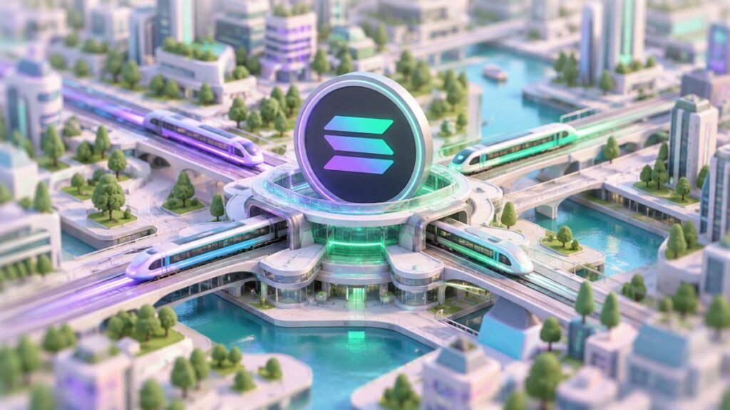 Isometric miniature city with a large Solana coin rising above a glass train station as light trains arrive and depart on bridges over canals.