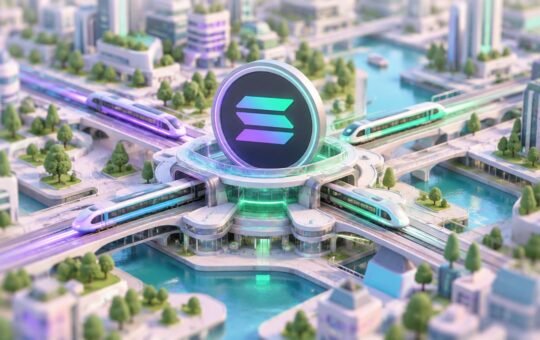 Isometric miniature city with a large Solana coin rising above a glass train station as light trains arrive and depart on bridges over canals.