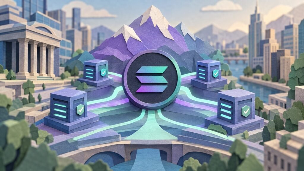 Paper-cut illustration of a Solana coin in the center of a paper city, linked by glowing paths to four validator server blocks with check marks, mountains behind.