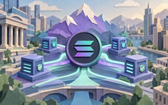 Paper-cut illustration of a Solana coin in the center of a paper city, linked by glowing paths to four validator server blocks with check marks, mountains behind.