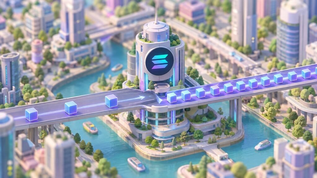 An isometric future city by a canal where a Solana tower sits on an elevated track: glowing blocks travel far apart on one side and twice as close together on the other.