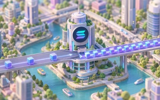 An isometric future city by a canal where a Solana tower sits on an elevated track: glowing blocks travel far apart on one side and twice as close together on the other.
