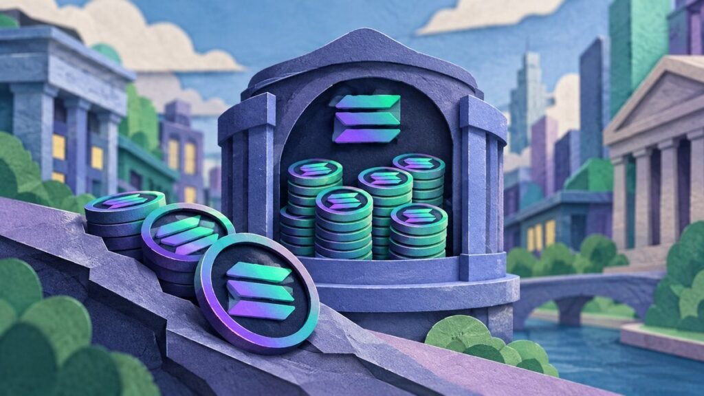 Paper-cut illustration: a vault in a paper city holds stacks of coins with the Solana mark while a few coins roll down a stone slope.