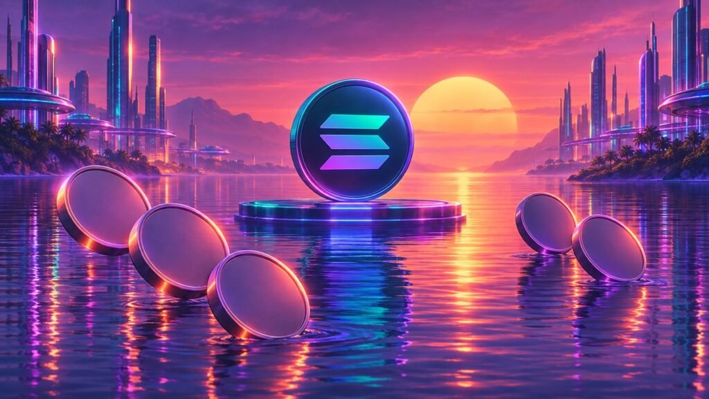 Synthwave sunset over calm water: a glowing Solana coin stands on a lit platform in the center while five plain, blank coins tilt and sink into the water around it.