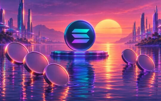 Synthwave sunset over calm water: a glowing Solana coin stands on a lit platform in the center while five plain, blank coins tilt and sink into the water around it.
