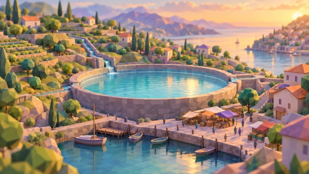 Low-poly harbor town at golden hour with a round stone reservoir filled near its rim and a quiet market quay beside it.