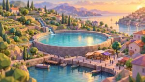 Low-poly harbor town at golden hour with a round stone reservoir filled near its rim and a quiet market quay beside it.
