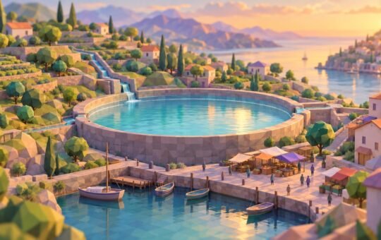 Low-poly harbor town at golden hour with a round stone reservoir filled near its rim and a quiet market quay beside it.