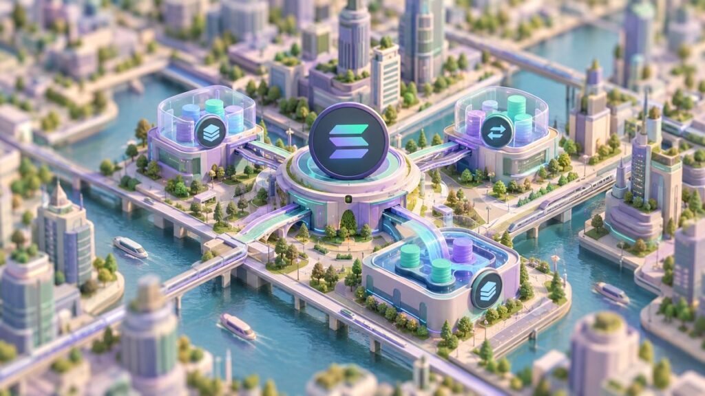 Isometric miniature city on canals with a round hub bearing the Solana logo, linked by glowing bridges to glass halls holding stacks of coins.
