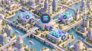Isometric miniature city on canals with a round hub bearing the Solana logo, linked by glowing bridges to glass halls holding stacks of coins.