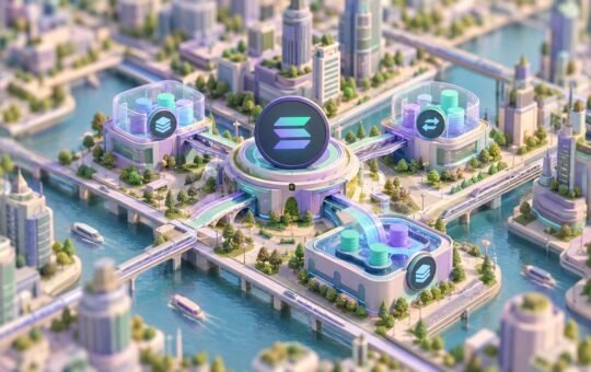 Isometric miniature city on canals with a round hub bearing the Solana logo, linked by glowing bridges to glass halls holding stacks of coins.