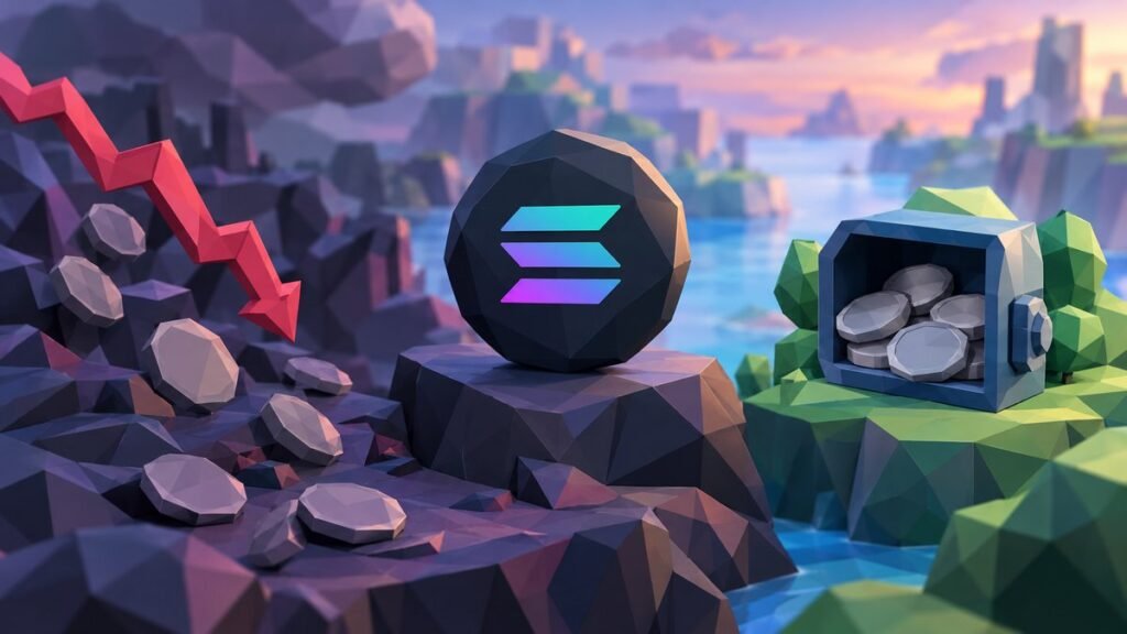 Low-poly illustration of a dark Solana coin on a rock at dusk, with scattered plain grey coins on one side and an open safe full of coins on green ground on the other.