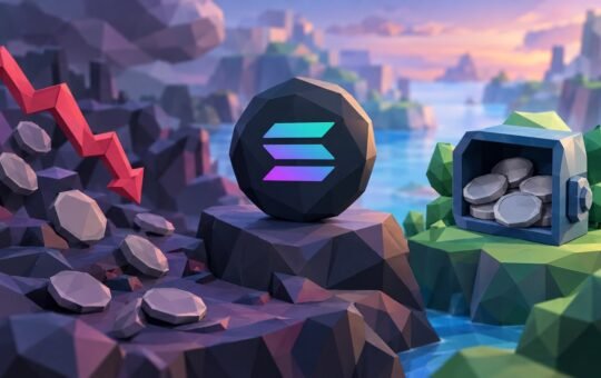 Low-poly illustration of a dark Solana coin on a rock at dusk, with scattered plain grey coins on one side and an open safe full of coins on green ground on the other.