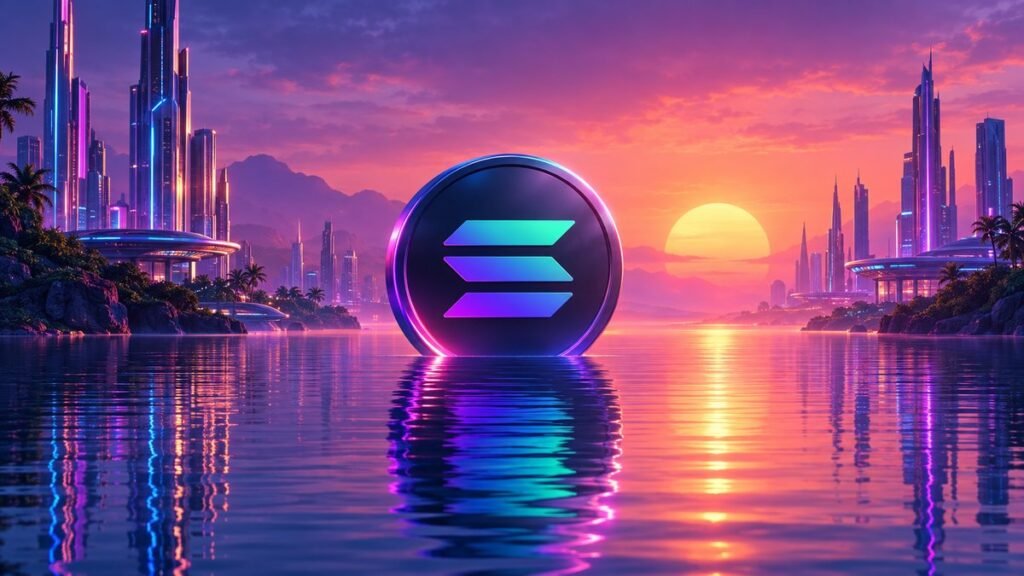 A glowing coin with the Solana logo stands in calm, empty water at sunset between quiet neon-lit towers.