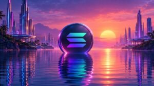 A glowing coin with the Solana logo stands in calm, empty water at sunset between quiet neon-lit towers.