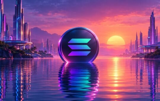 A glowing coin with the Solana logo stands in calm, empty water at sunset between quiet neon-lit towers.