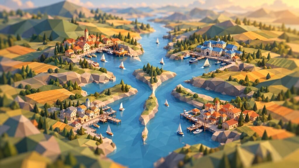Low-poly river delta where one river splits into four equal channels, each with its own small harbor