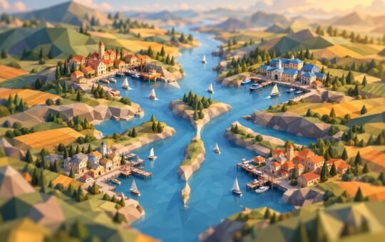 Low-poly river delta where one river splits into four equal channels, each with its own small harbor