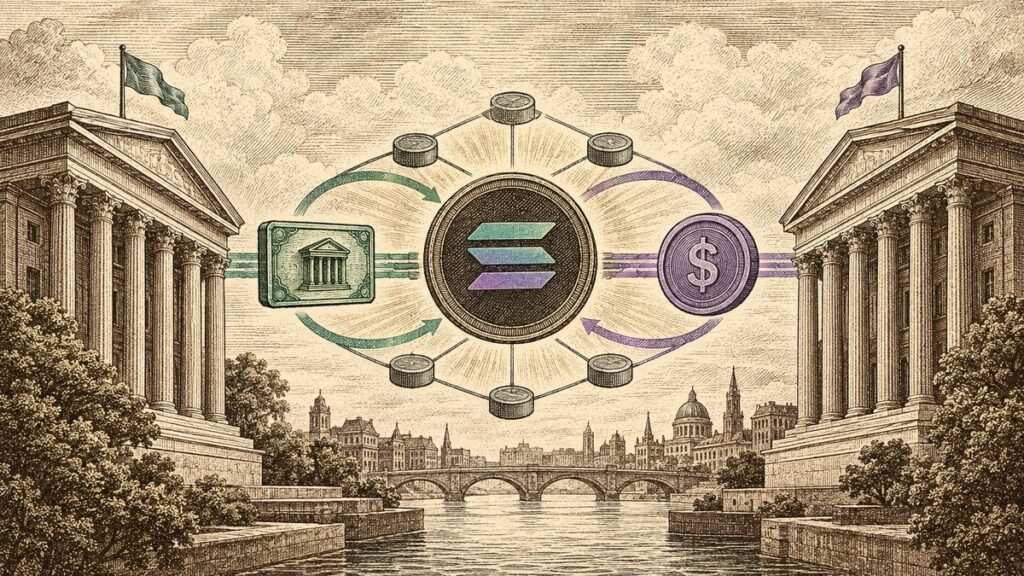 Engraved scene of two classical bank buildings across a river, with a Solana coin in the center swapping a green asset certificate for a purple dollar coin.