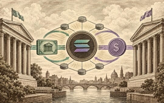 Engraved scene of two classical bank buildings across a river, with a Solana coin in the center swapping a green asset certificate for a purple dollar coin.