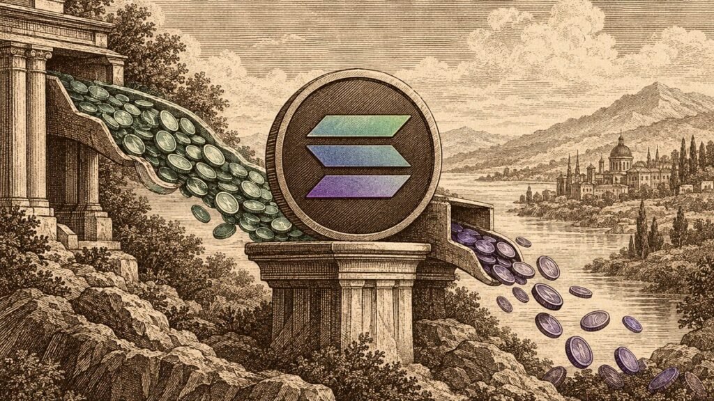 Engraved scene of a stream of coins pouring out of a classical fund building past a large Solana coin on a stone pedestal, beside a river town.