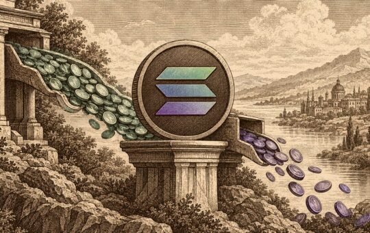 Engraved scene of a stream of coins pouring out of a classical fund building past a large Solana coin on a stone pedestal, beside a river town.