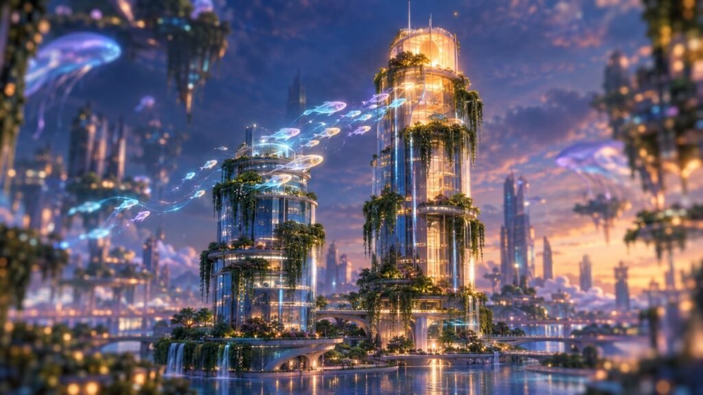 Glowing fish drift from a shorter garden tower toward a taller lit one in a future city at dusk