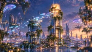 Glowing fish drift from a shorter garden tower toward a taller lit one in a future city at dusk