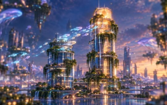 Glowing fish drift from a shorter garden tower toward a taller lit one in a future city at dusk