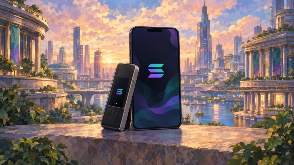 Painted futuristic city at sunset with a slim handheld signing device and a phone showing the Solana logo side by side on a stone ledge by the river.