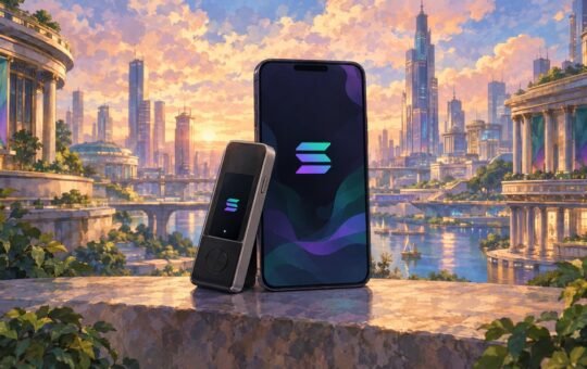 Painted futuristic city at sunset with a slim handheld signing device and a phone showing the Solana logo side by side on a stone ledge by the river.