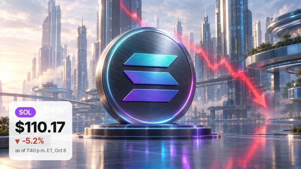 A large metallic coin with the Solana logo on a glowing pedestal in a sunlit glass city, a red light trail angling down behind it to the right.