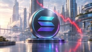 A large metallic coin with the Solana logo on a glowing pedestal in a sunlit glass city, a red light trail angling down behind it to the right.