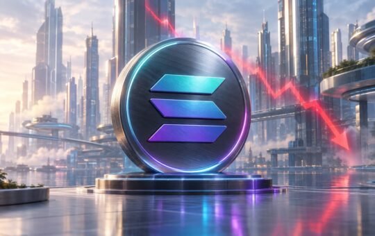 A large metallic coin with the Solana logo on a glowing pedestal in a sunlit glass city, a red light trail angling down behind it to the right.