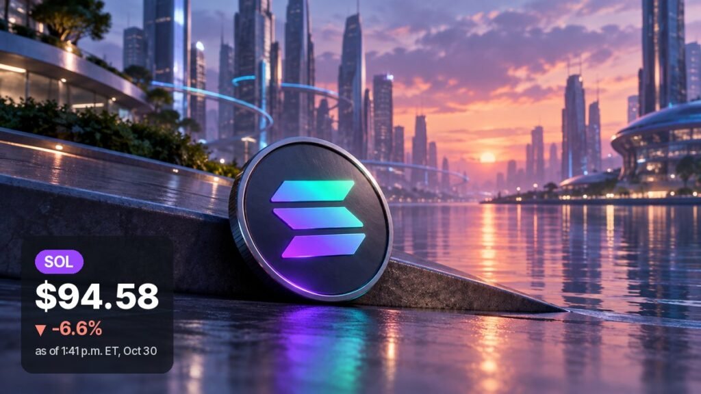 A dark Solana coin with its green-to-purple logo leans on a stone slope beside the water of a glowing future city at dusk.