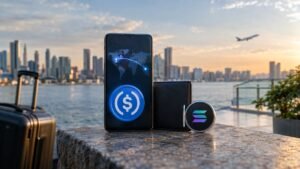 Photorealistic illustration: a phone showing a glowing cross-border transfer arc and a USDC coin stands beside a Solana coin and a wallet on a waterfront ledge at sunset.