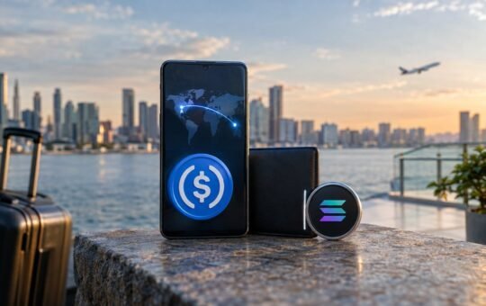Photorealistic illustration: a phone showing a glowing cross-border transfer arc and a USDC coin stands beside a Solana coin and a wallet on a waterfront ledge at sunset.