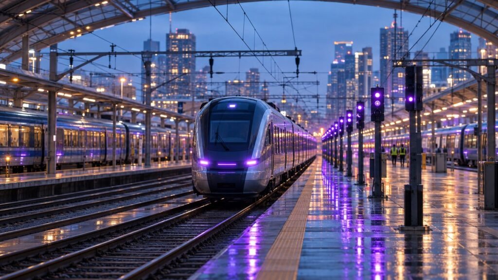 Photorealistic illustration: a sleek train leaves a rain-wet station at blue hour beside a row of purple signals
