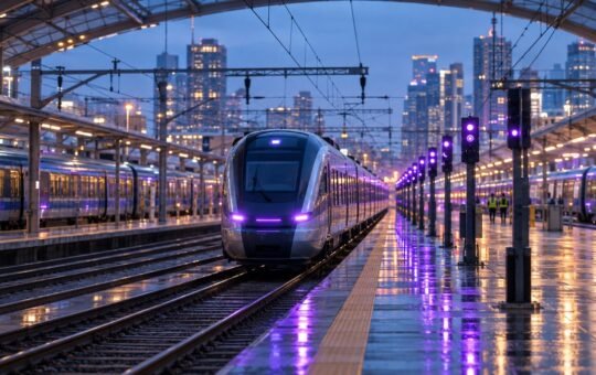 Photorealistic illustration: a sleek train leaves a rain-wet station at blue hour beside a row of purple signals
