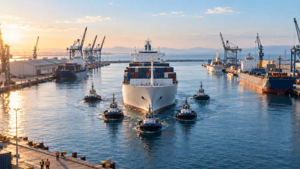 Photorealistic illustration: a white cargo ship eased into a busy harbor berth by five tugboats at sunrise